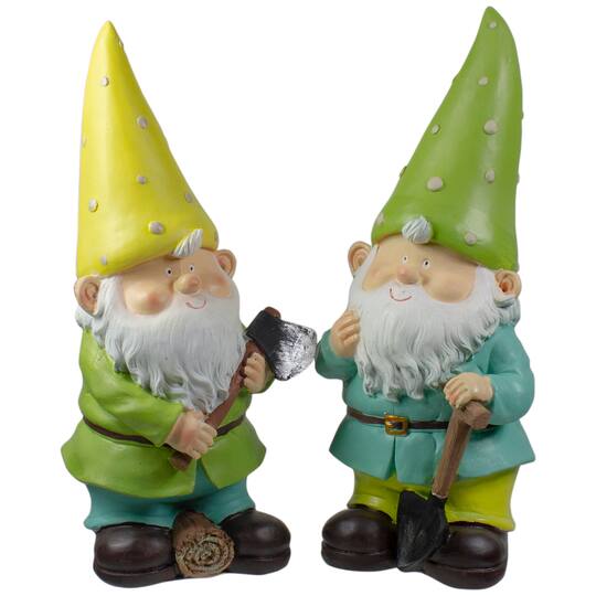 12.25" Green & Yellow Gnome Outdoor Garden Statue Set